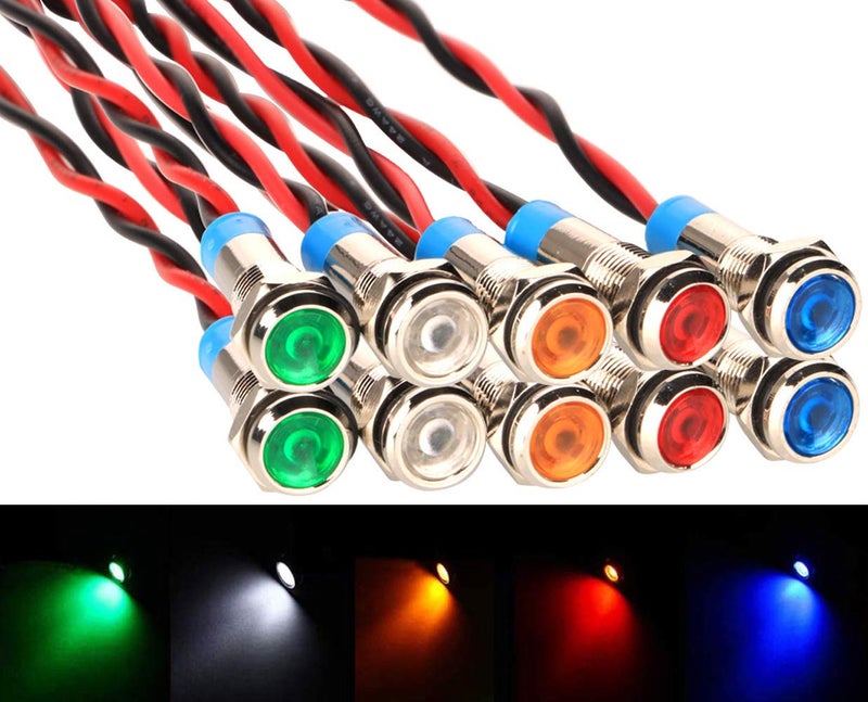 Gebildet 10pcs 6mm 1/4" AC/DC 12-24V LED Metal Indicator Light Waterproof Signal Lamp Pilot Dash Directional Car Truck Boat with Wire - Image 1